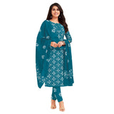 Women's Blue Cotton Kurti with Straight Pant and Dupatta