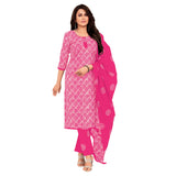 Women's Pink Cotton Kurti with Straight Pant and Dupatta