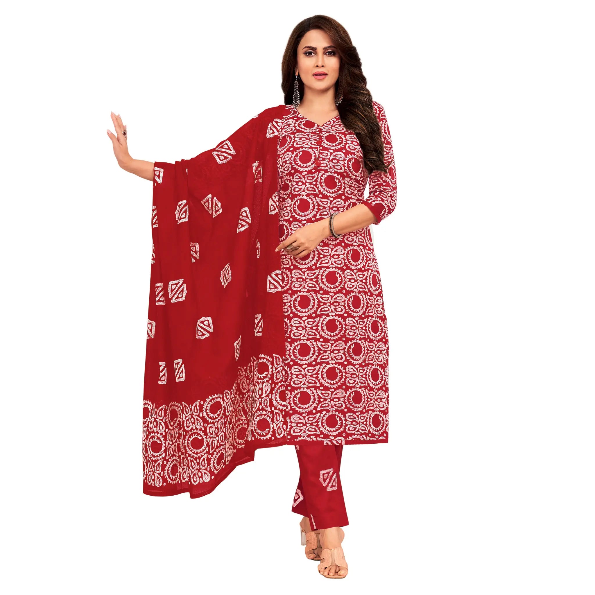 Women's Red Cotton Kurti with Straight Pant and Dupatta