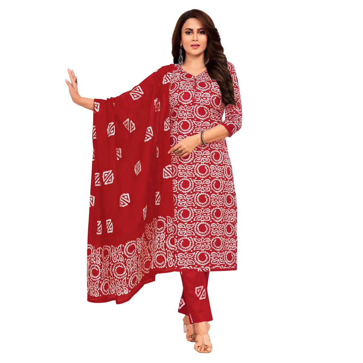 Women's Red Cotton Kurti with Straight Pant and Dupatta Main image