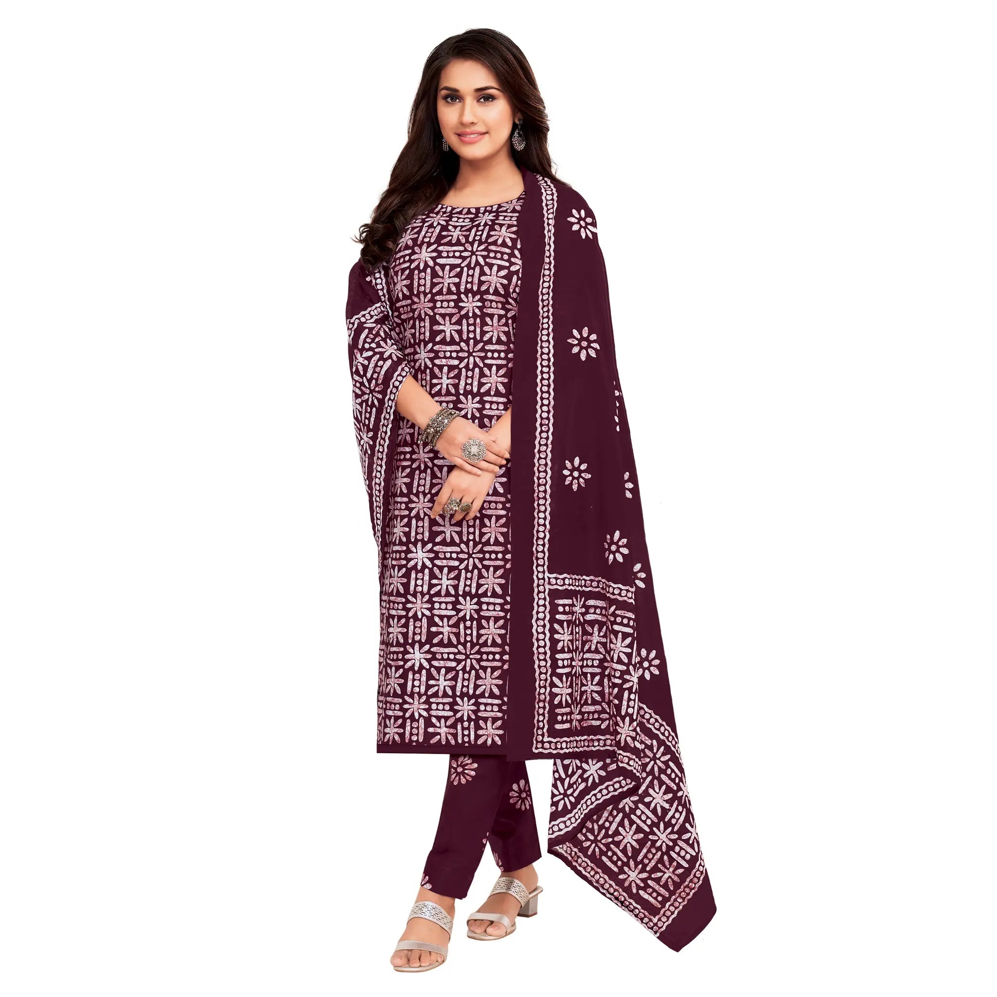 Women's Wine Cotton Kurti with Straight Pant and Dupatta Main image