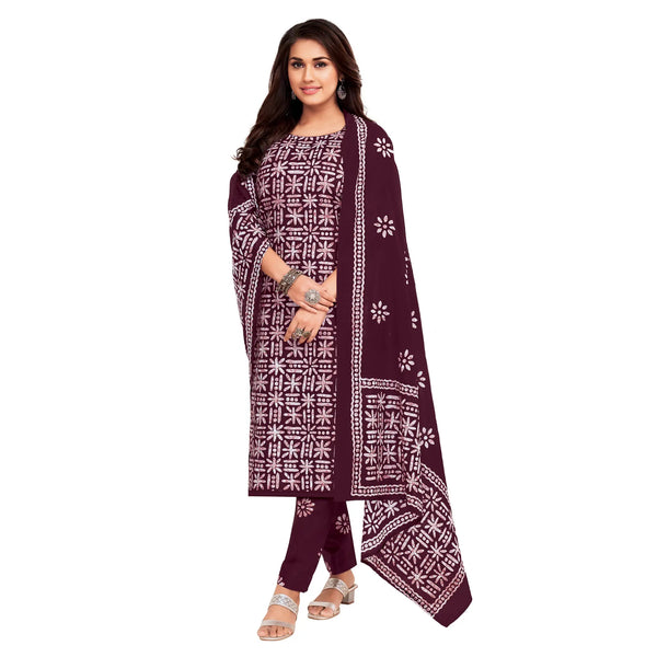 Women's Wine Cotton Kurti with Straight Pant and Dupatta