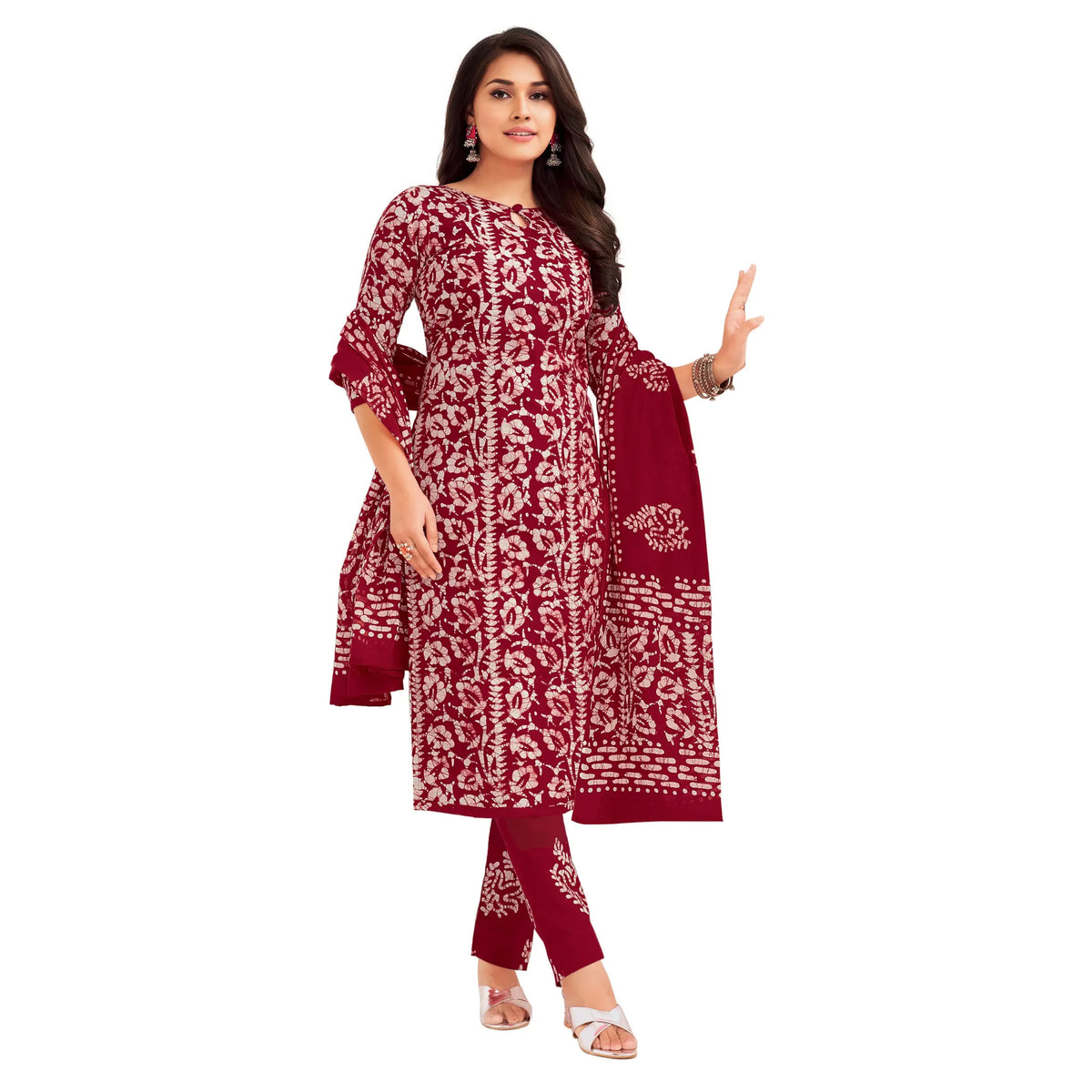 Women's Wine Red Cotton Kurti with Straight Pant and Dupatta