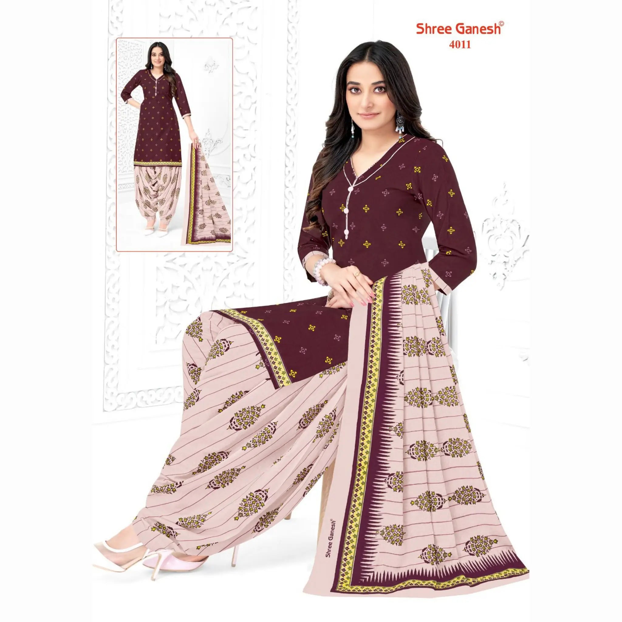 Woody Brown Printed Kurti with Oyester Pink Patiala Pant and Dupatta - Cotton Fabric Main image