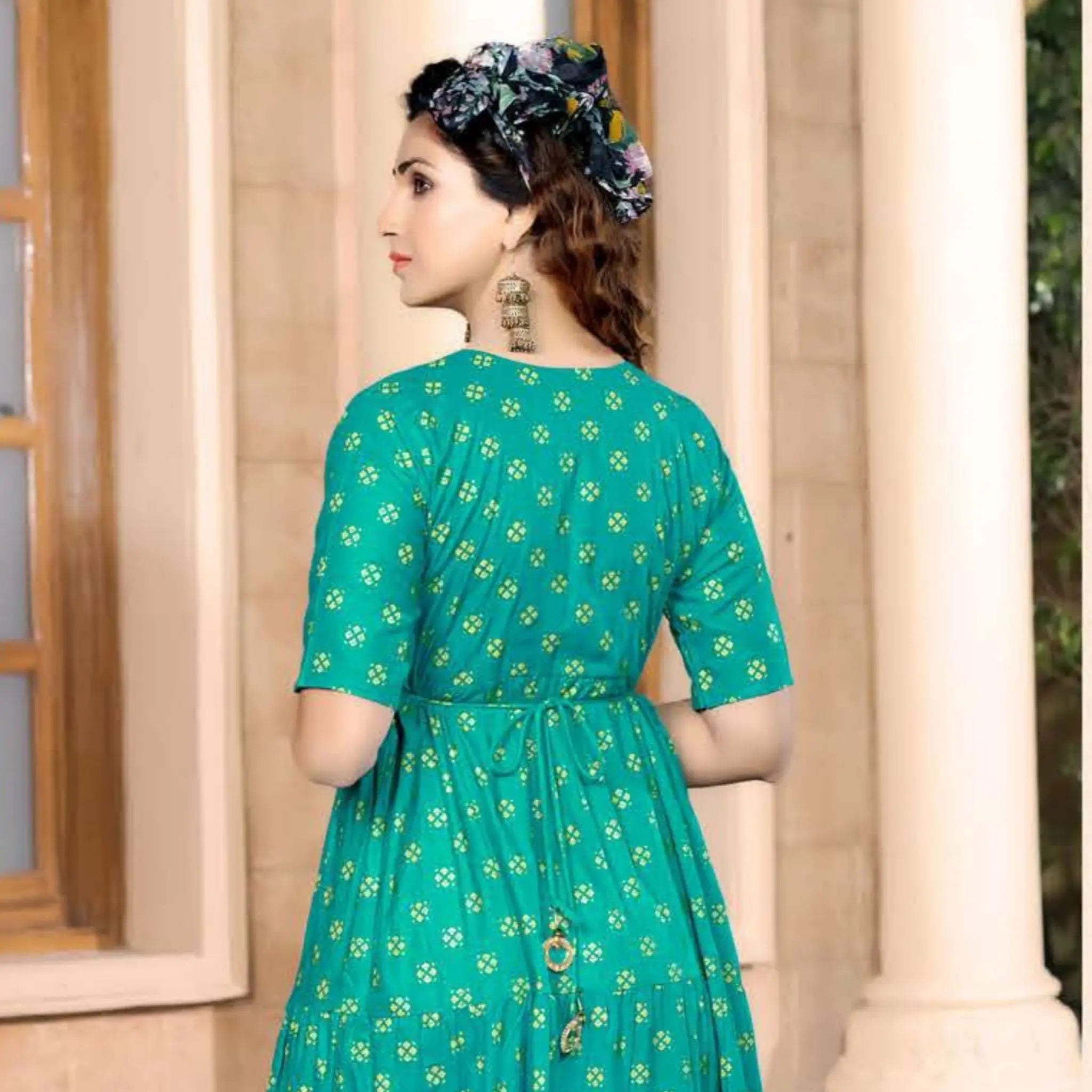 Aqua Green Heavy Rayon Slub Print Kurti With Exclusively Embroidery