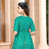 Aqua Green Heavy Rayon Slub Print Kurti With Exclusively Embroidery