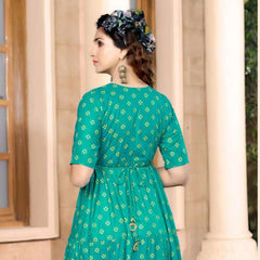 Aqua Green Heavy Rayon Slub Print Kurti With Exclusively Embroidery