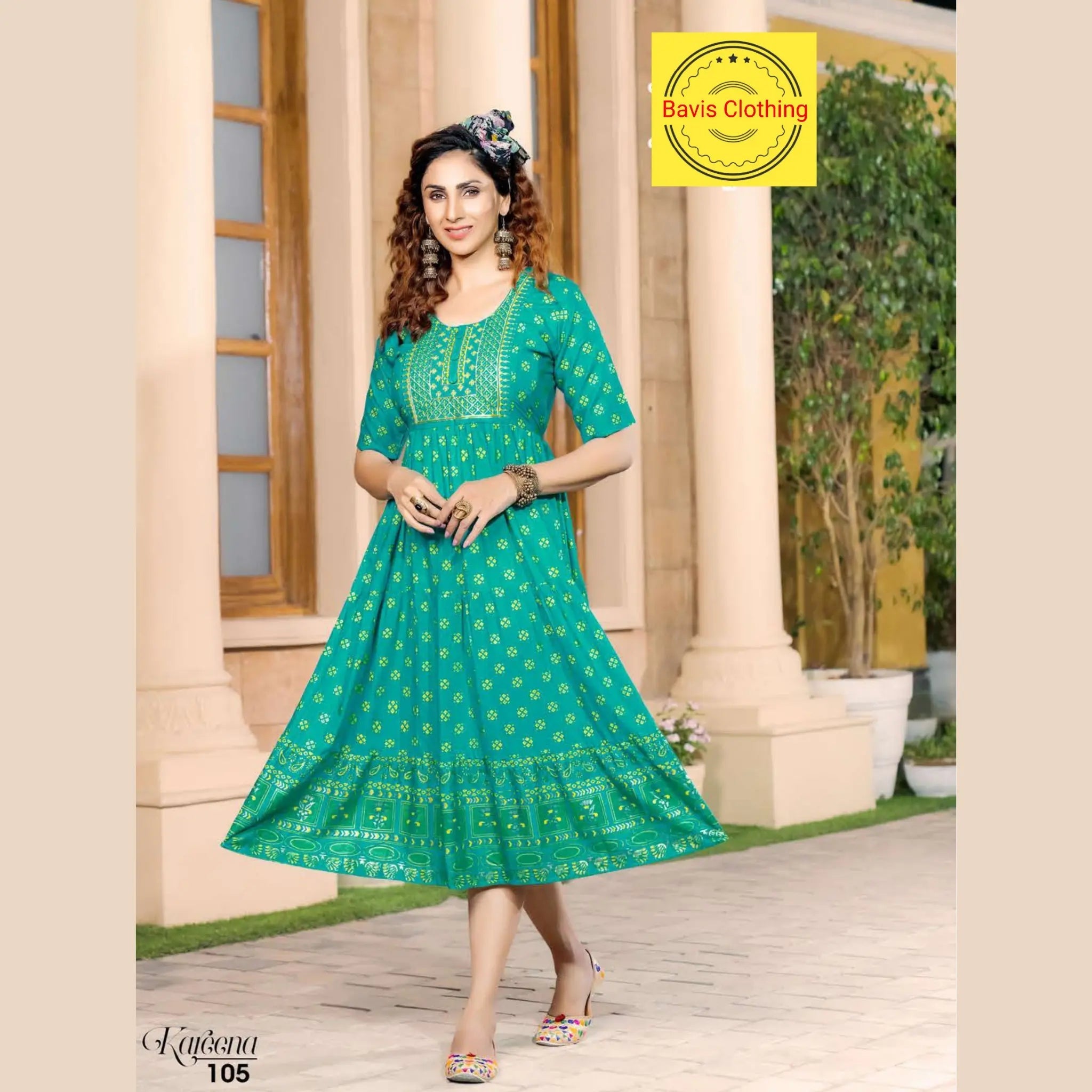 Aqua Green Heavy Rayon Slub Print Kurti With Exclusively Embroidery Main image