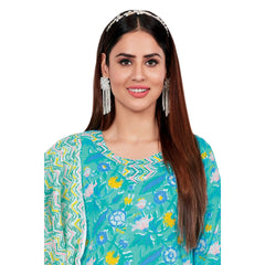 Aqua Green U Neck Kurta Pant Dupatta Set