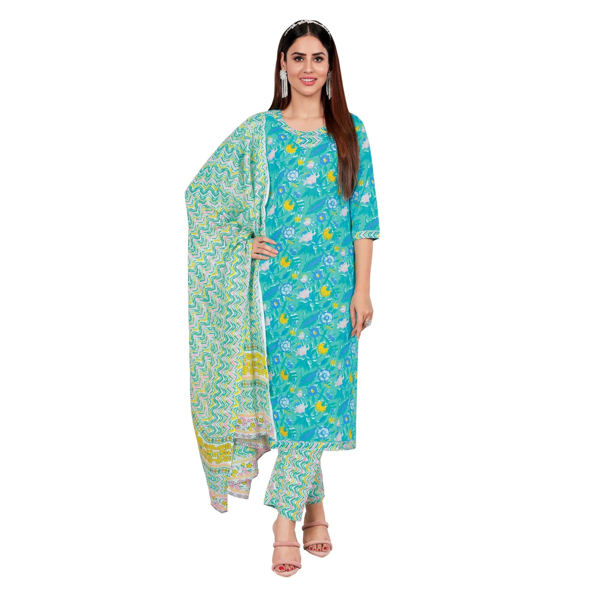 Aqua Green U Neck Kurta Pant Dupatta Set Main image