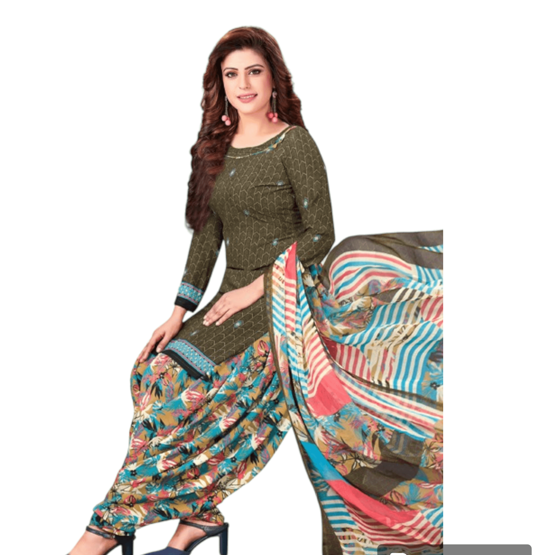 Shop Now: Dark Army Green Churidar Top - Floral Patiala & dupatta from Bavis Clothing Main image