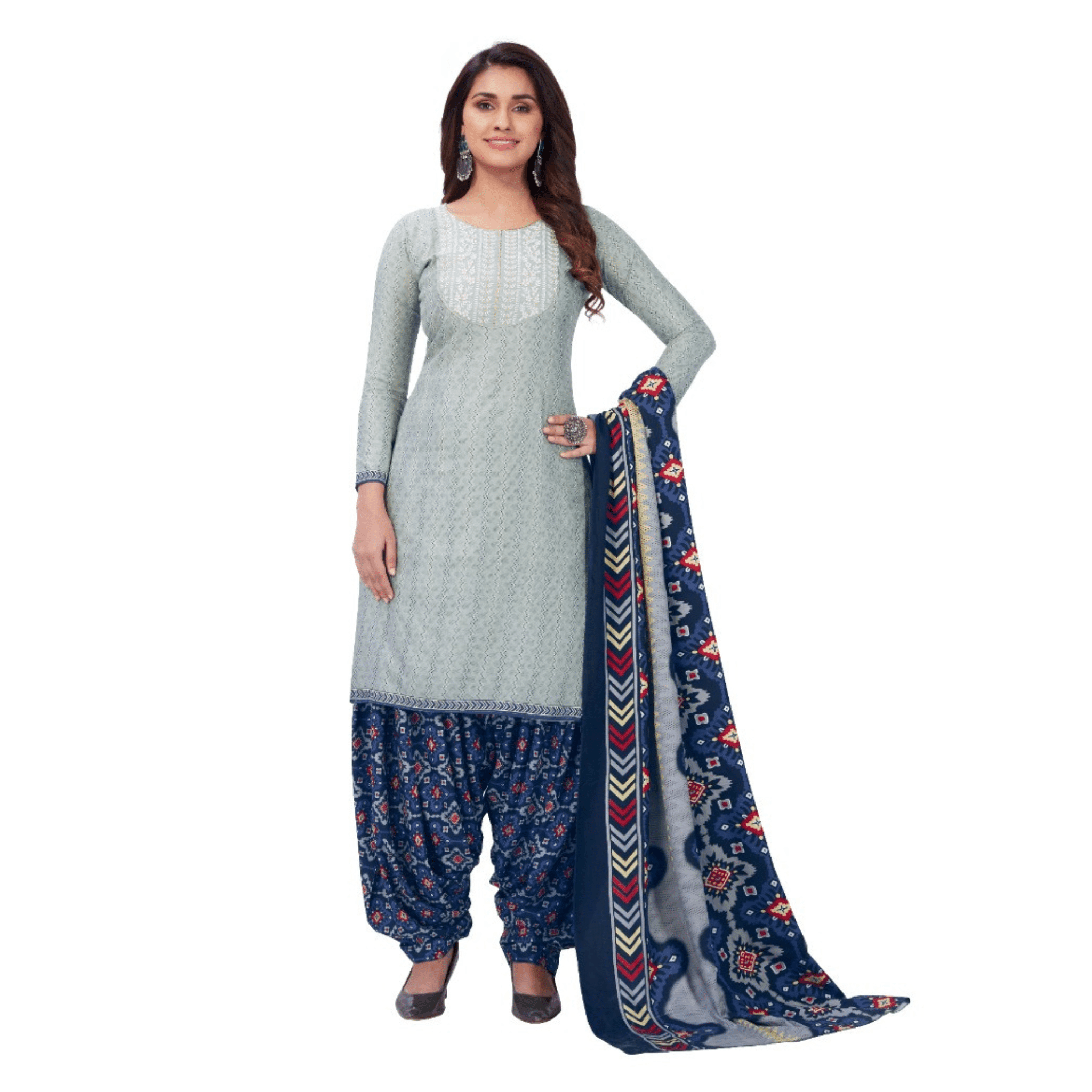 Ash Grey Embroidered Worked Regular Fit Straight Kurta with Patiala Pant and Dupatta Main image