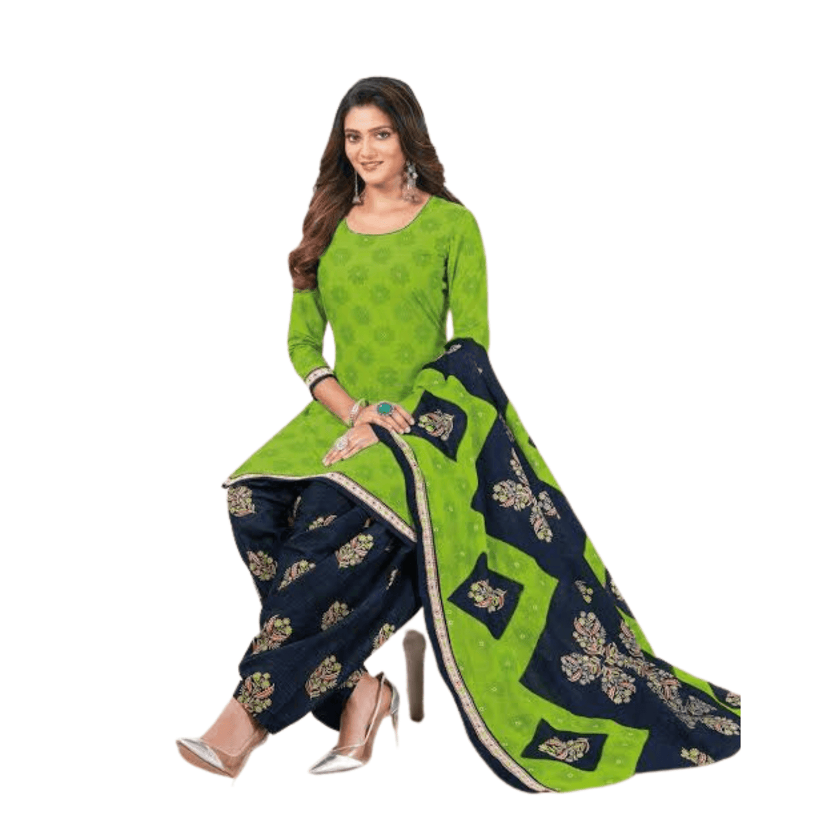 Avocado Green Top & Dark Pastel Blue Patiala & Dupatta Set - Cotton Material - High-quality - Bavis Clothing Main image
