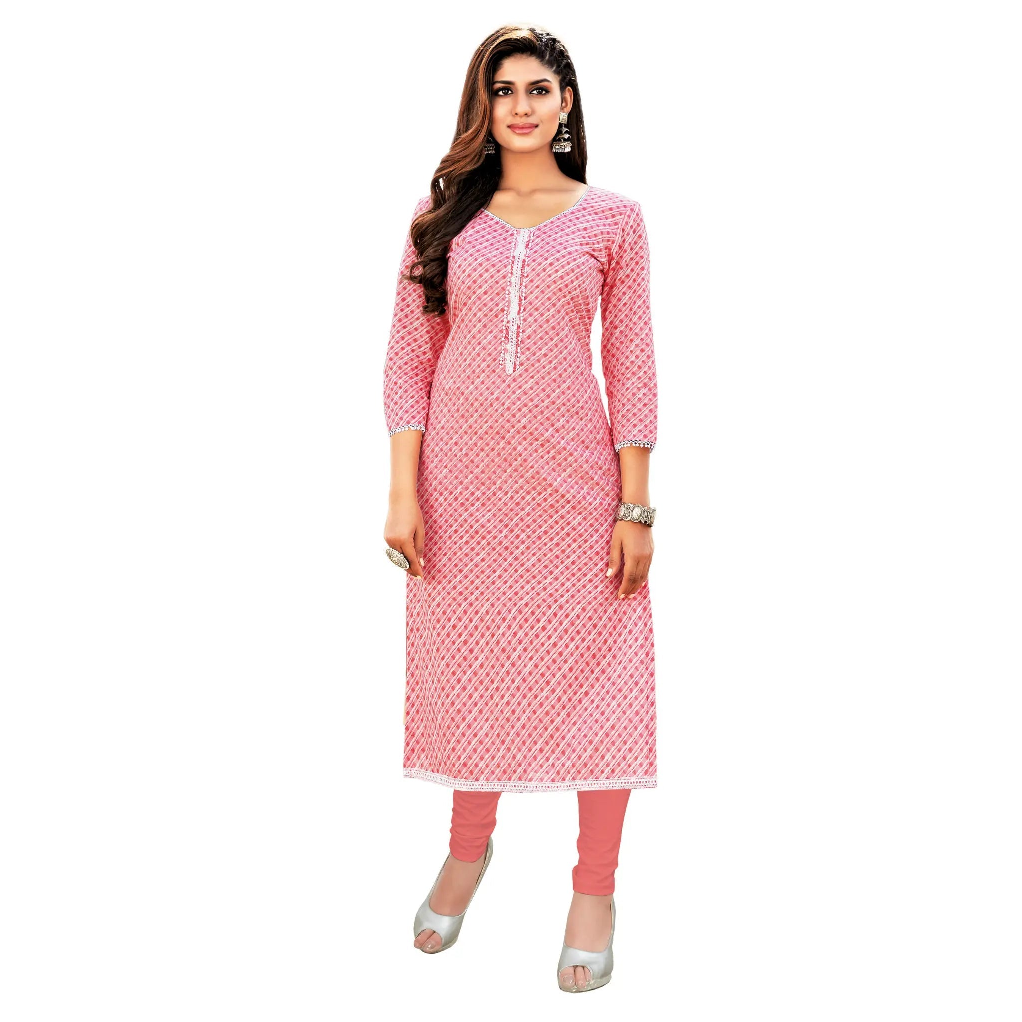 Baby Pink Printed Cotton Long Kurti Main image