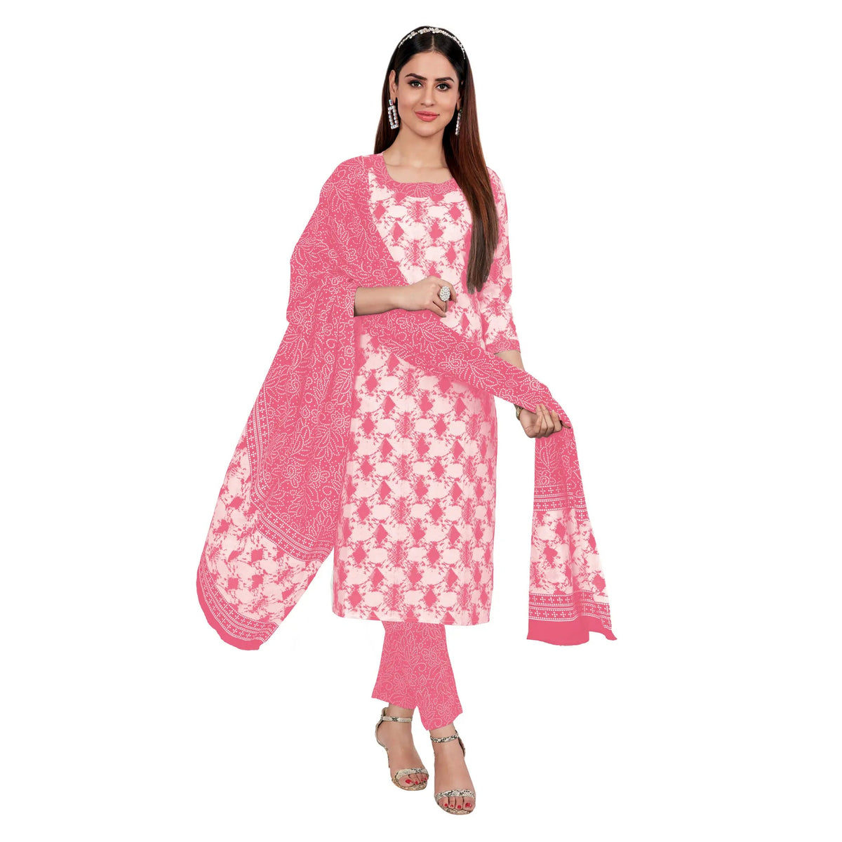 Baby Pink U Neck Cotton Kurta Pant Dupatta Set Main image