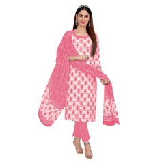 Baby Pink U Neck Cotton Kurta Pant Dupatta Set