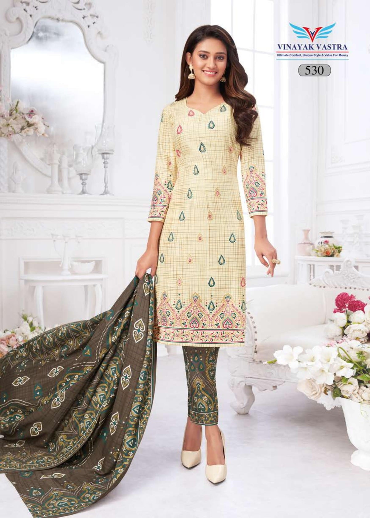 Beige Sweetheart Neck Rayon Top with Judge Grey Pant and Dupatta - Bavis Clothing Main image