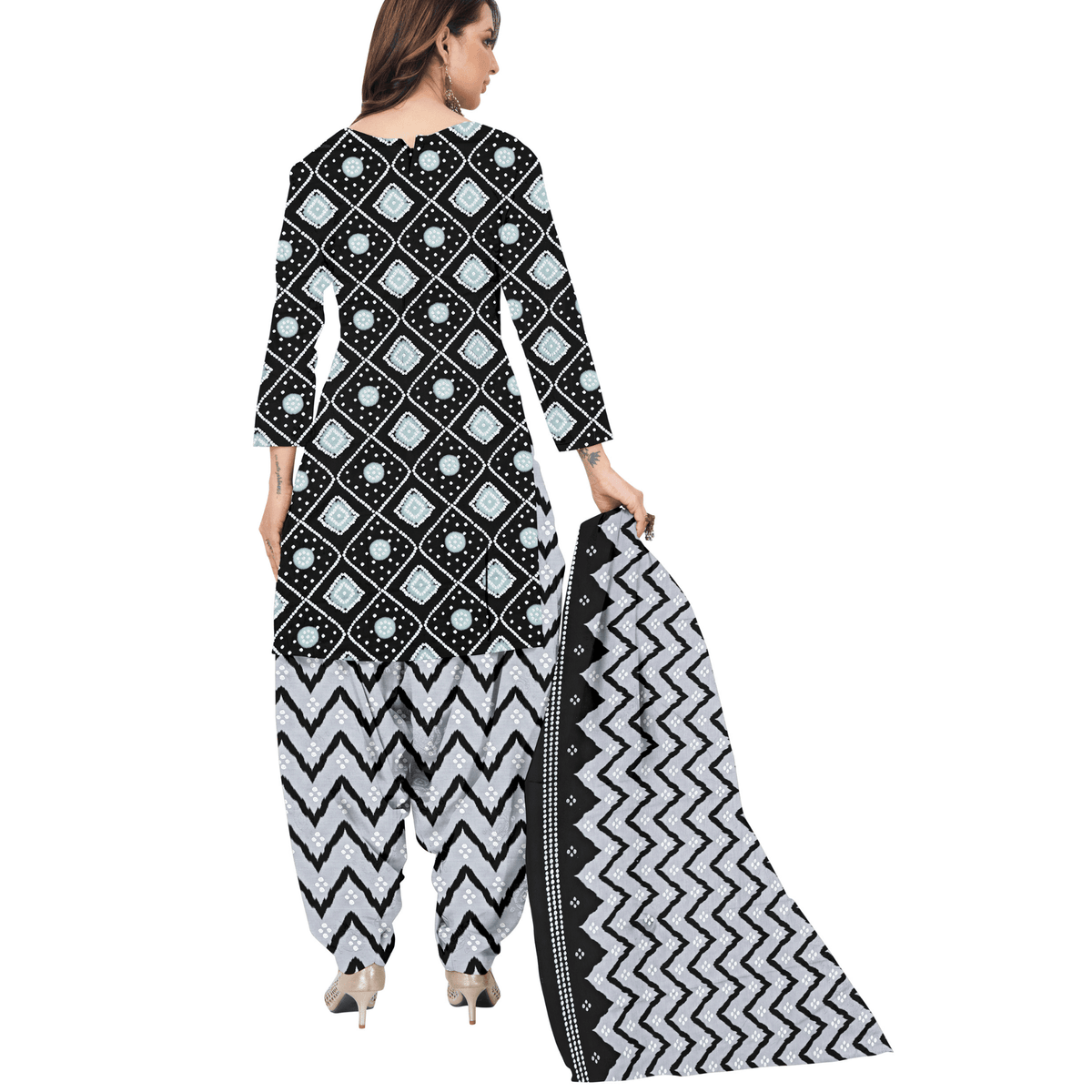 Black A Line Cotton Kurti with Grey Patiala Pant and Dupatta