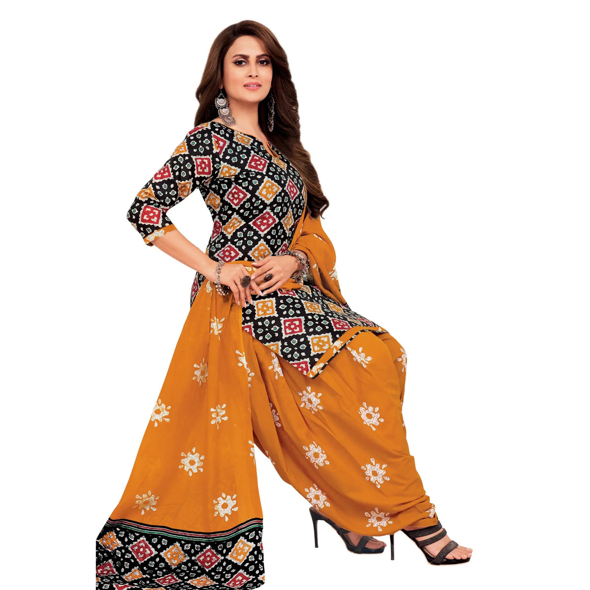 Black Batik Print Cotton Kurta with Orange Patiala Pant and Dupatta Main image