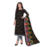 Black Boat Neck Cotton Printed Top with Bluish Grey Straight Pant and Dupatta