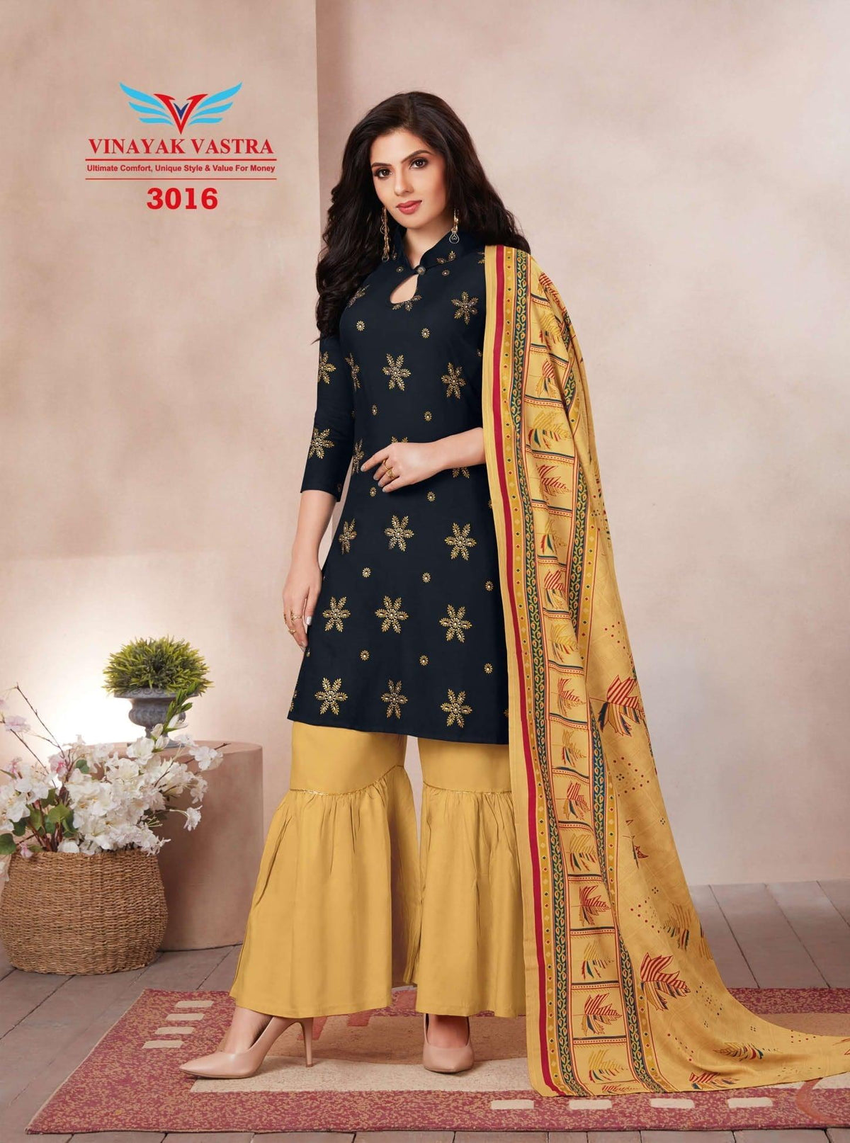 Black Coller Neck Keyhole Rayon Top with Golden Sharara Pant and Dupatta - Bavis Clothing Main image