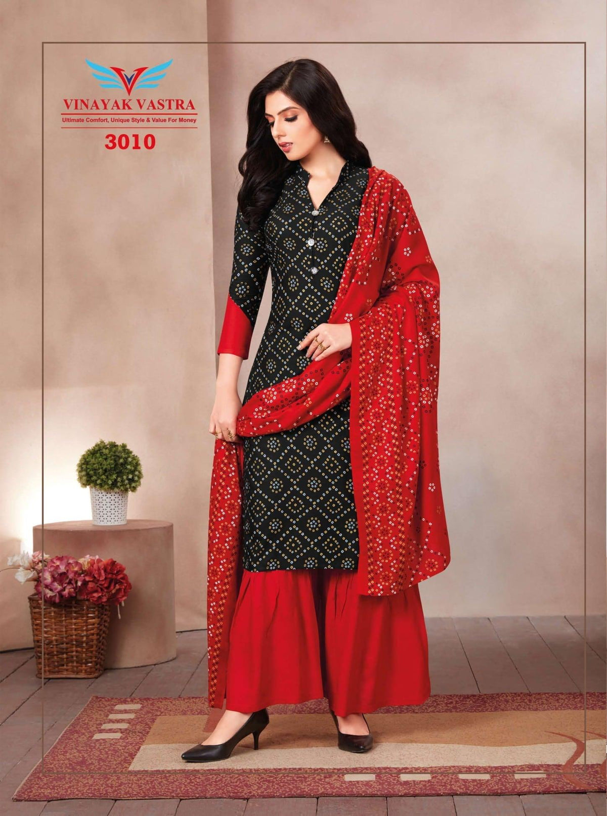 Black Collor Neck Rayon Top with Lava Red Sharara Pant and Dupatta - Bavis Clothing Main image