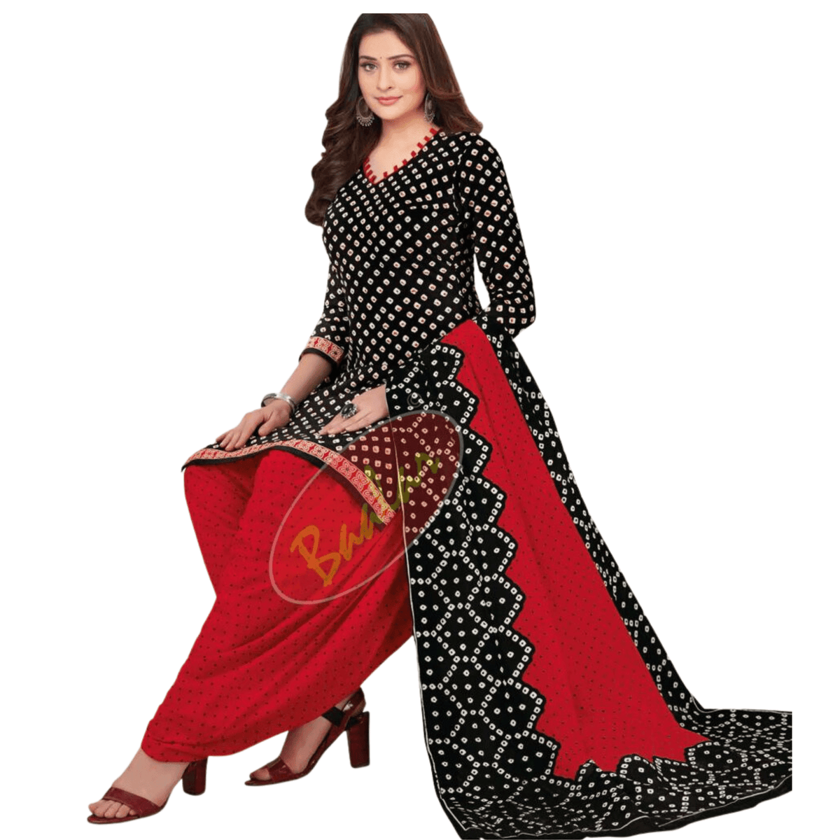 Black Cotton Unstitched Salwar Suit with Pant and Dupatta Main image