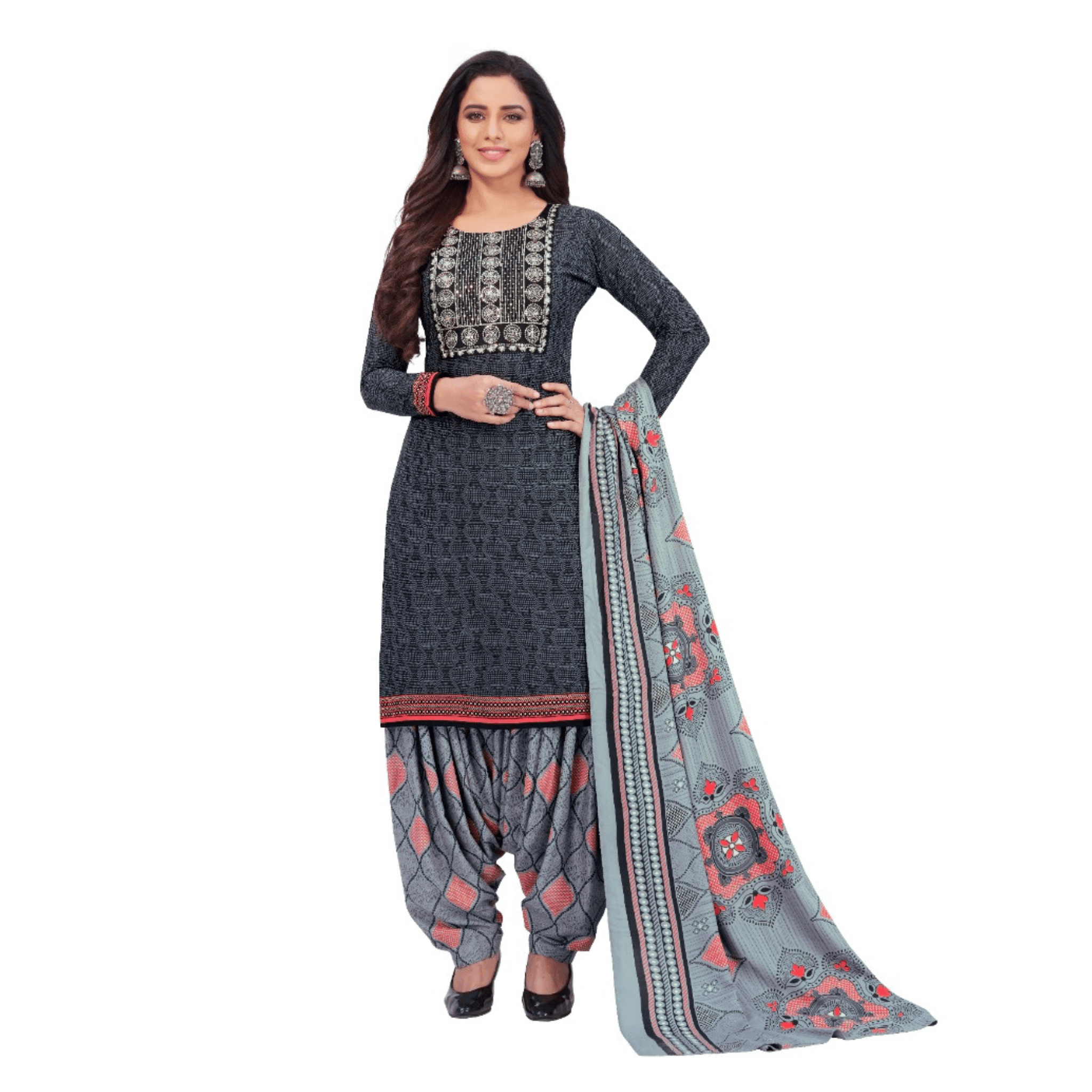 Black Embroidered Worked Regular Fit Straight Kurta with Patiala Pant and Dupatta