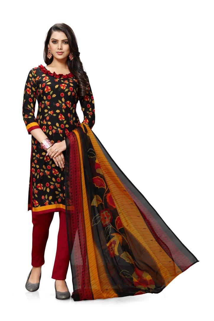Black Floral Print Churidar Top with Pink Red Salwar with Dupatta Material - Bavis Clothing