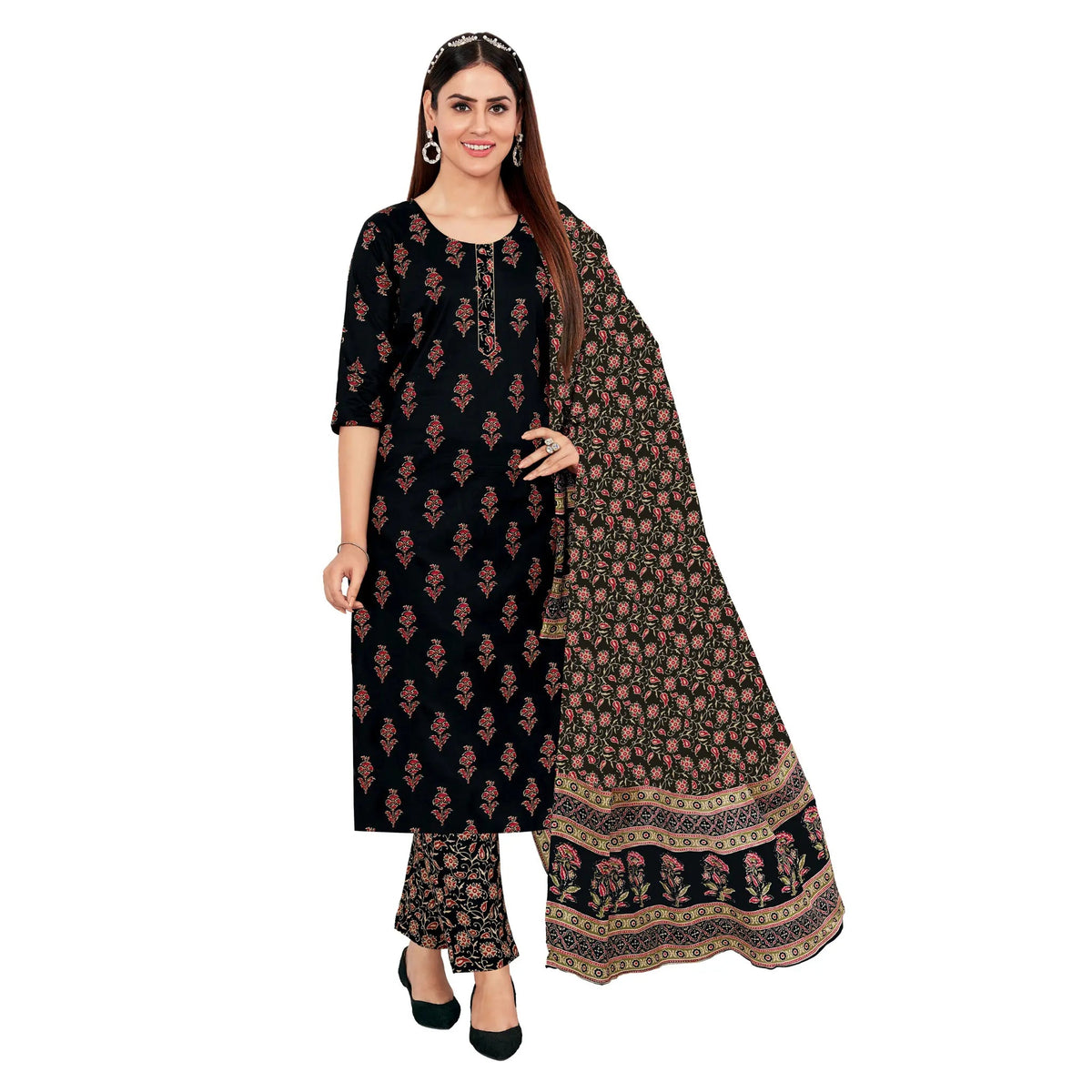 Black Handblock Print Kurta Pant Dupatta Set Main image