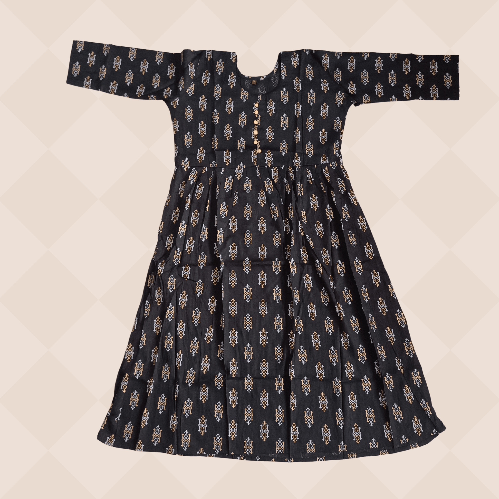 Black Long Ghera Golden Motif Print Kurti Secondary image