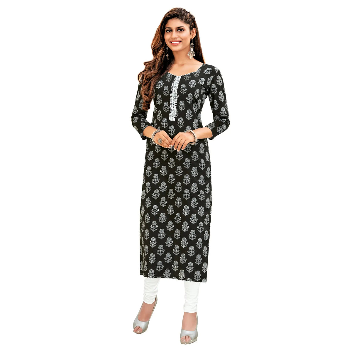 Black Sweetheart Neck Long Kurti Main image
