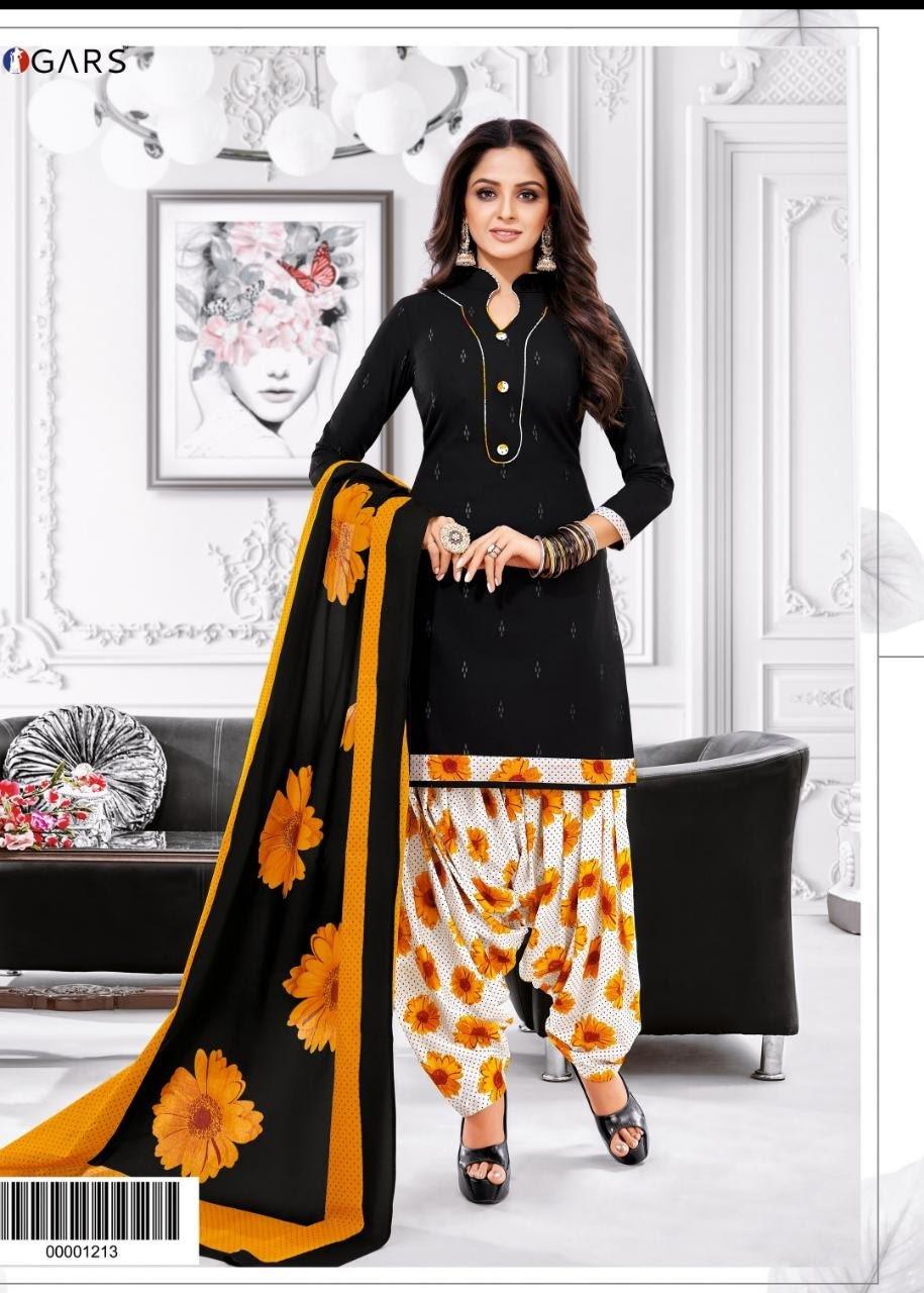 Black Top with Floral White Bottom and Dupatta. Pure Versatile Cotton Patiala Dress Material Sets. - Bavis Clothing