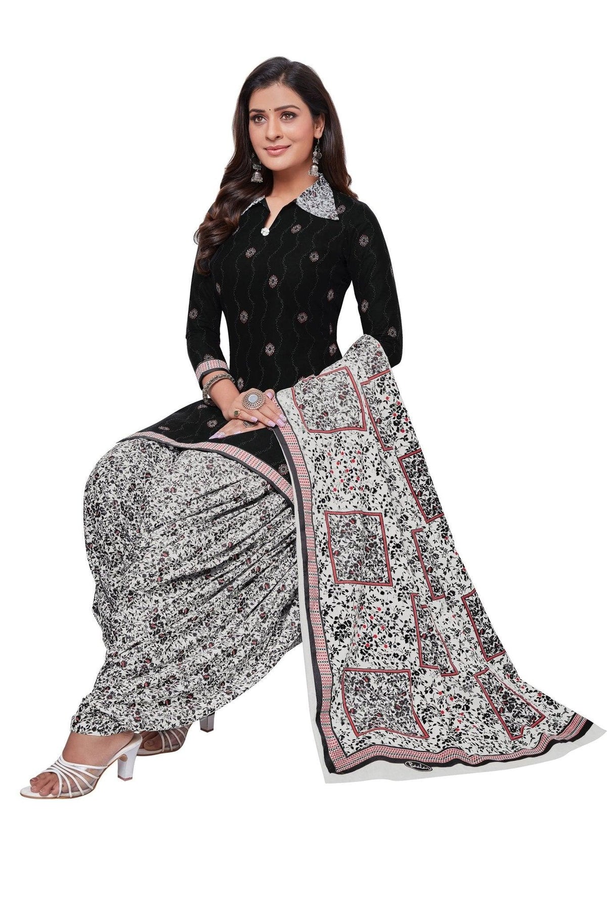 Black Top with Light Grey Floral Bottom and Dupatta. Soft Cotton Patiala Dress Material Sets. - Bavis Clothing Main image