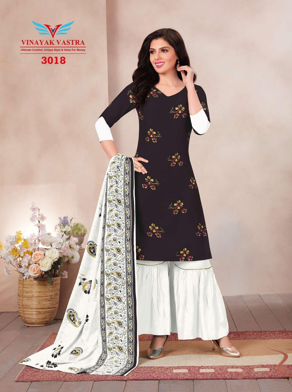 Black V Neck Rayon Top with Milky White Sharara Pant and Dupatta - Bavis Clothing Main image