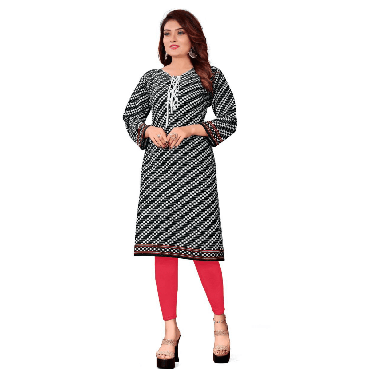 Black V Neck with Fancy Lace Work Printed Cotton Kurti Main image