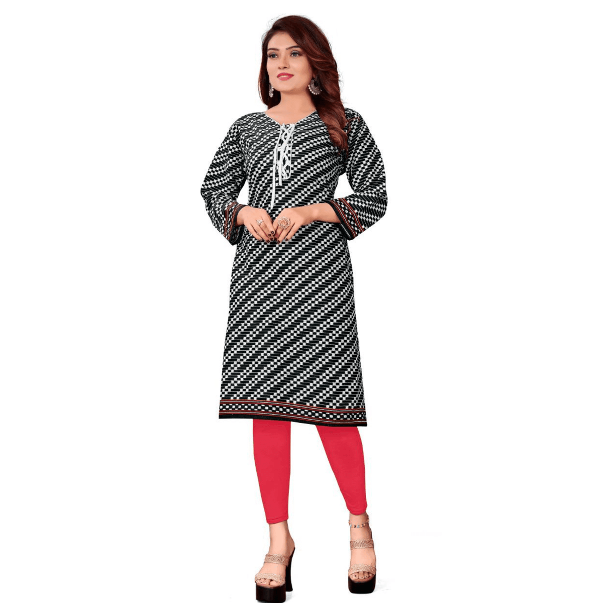 Black V Neck with Fancy Lace Work Printed Cotton Kurti