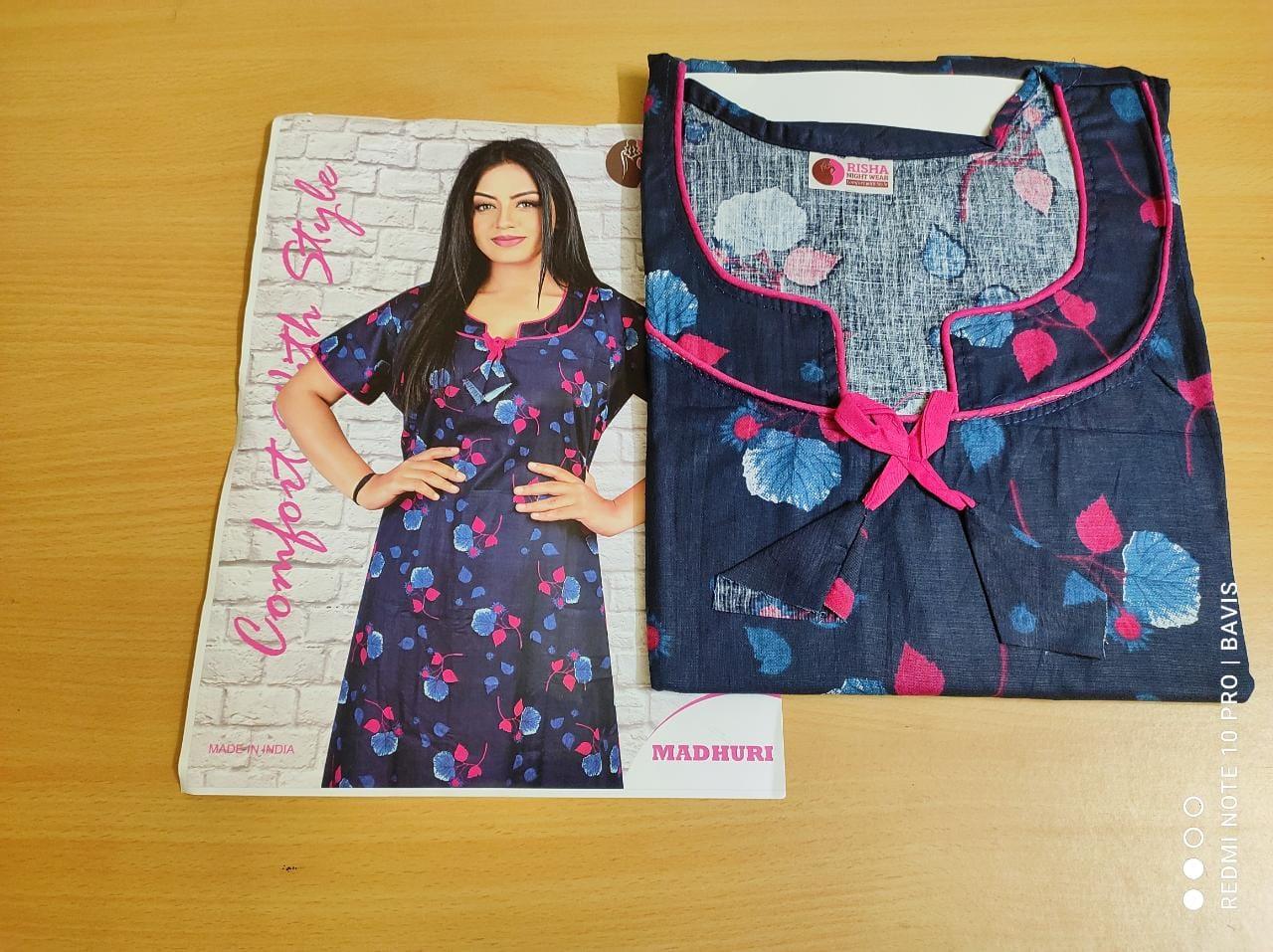 Blue Cotton Nighty with Piping Neck Design (Free Size) - Bavis Clothing