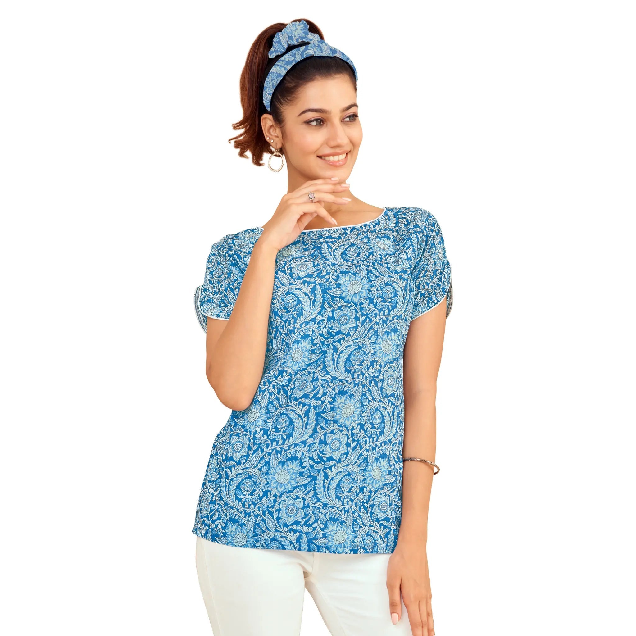 Blue Floral Print Casual Short Tops for Women