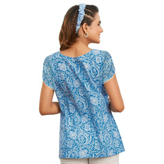 Blue Floral Print Casual Short Tops for Women