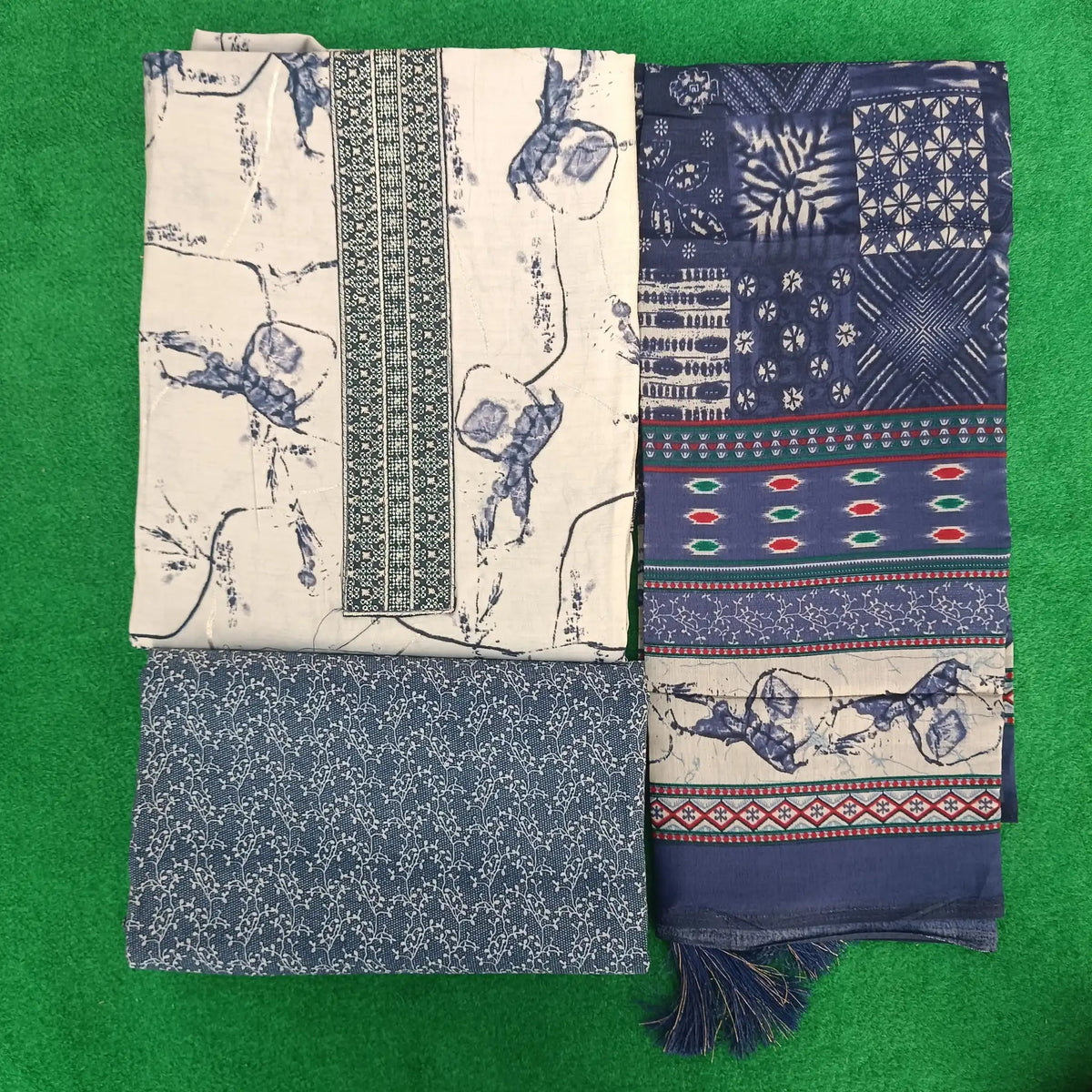 Bluish Grey Pure Modal Silk Print Kurta with Bottom and Dupatta Main image