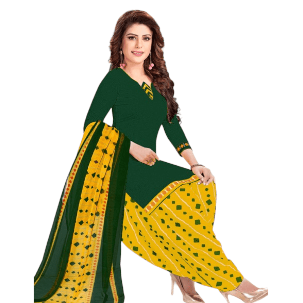 Bottle Green Top with Contrast Yellow Patiala Pant Unstitched Salwar Kameez with Dupatta - Bavis Clothing Main image