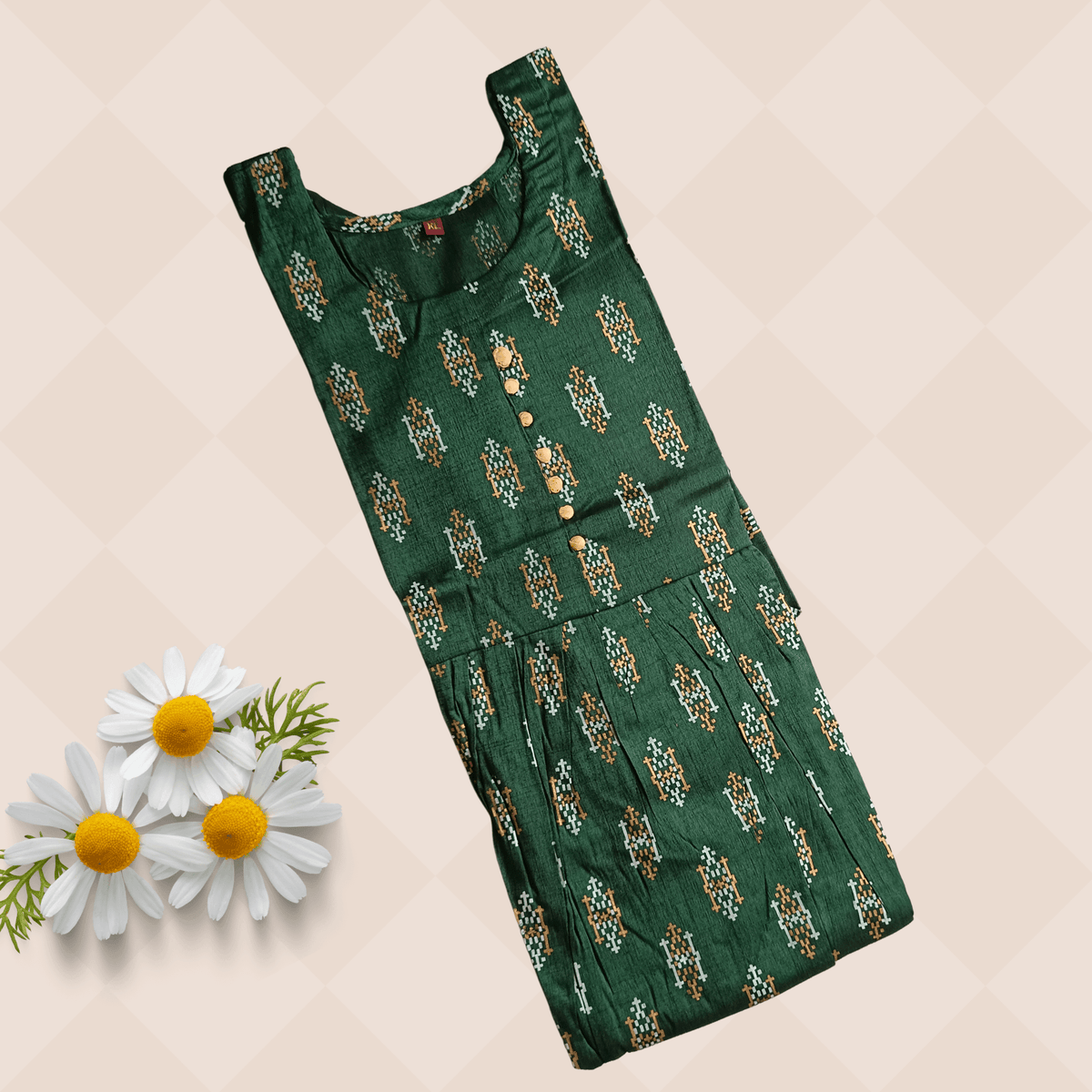 BottleGreenUNeckGoldenMotifPrintKurtiMK1410D Main image