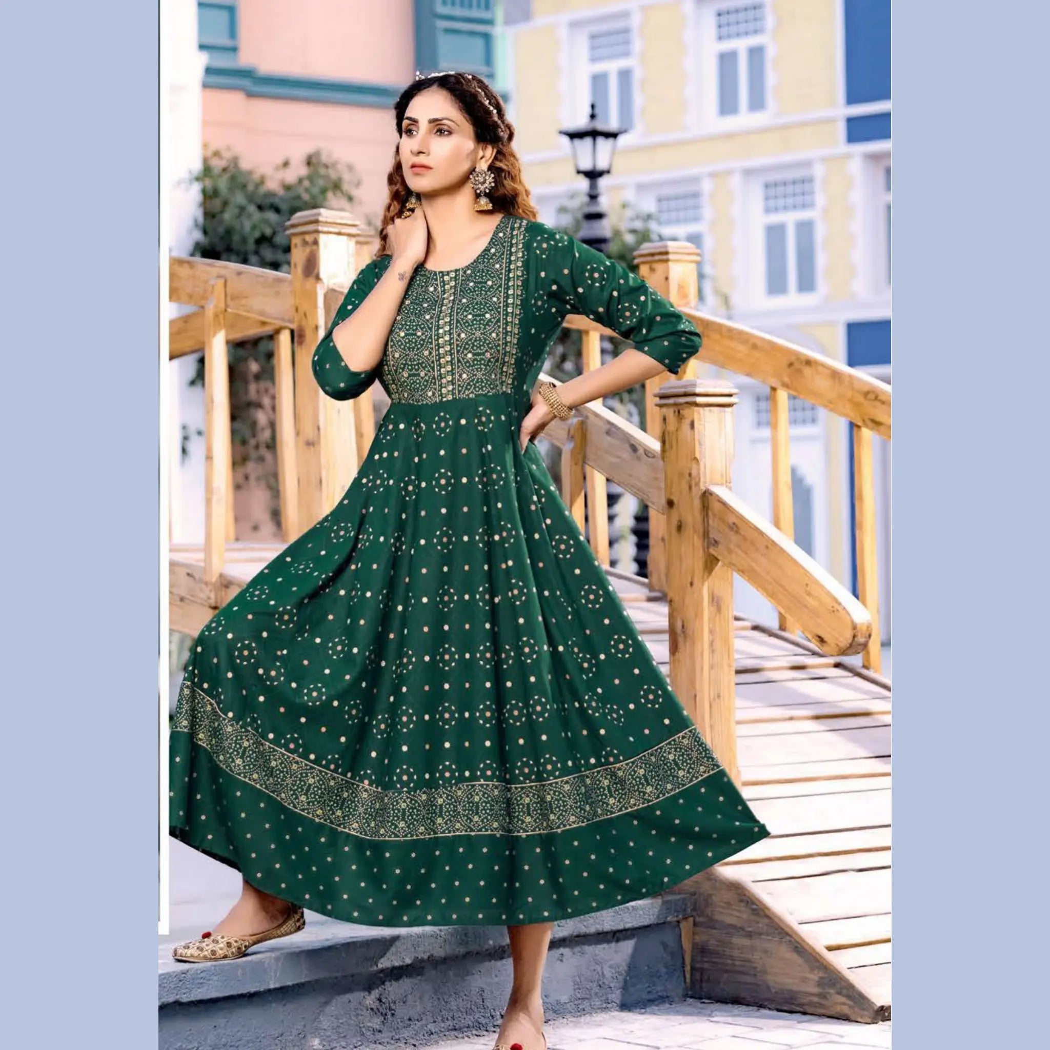 Bottle Green U- Neck Yoke Pattern Long  Reyon Kurti with Allover Golden Prints Main image