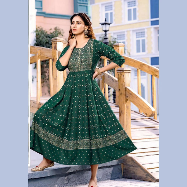 Bottle Green U- Neck Yoke Pattern Long  Reyon Kurti with Allover Golden Prints