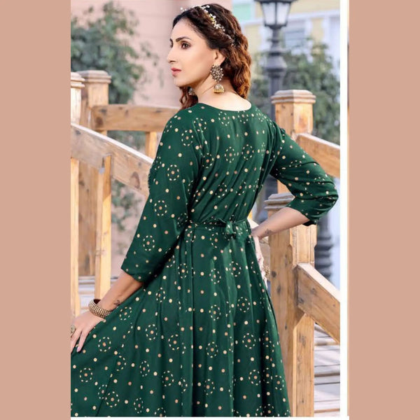Bottle Green U- Neck Yoke Pattern Long  Reyon Kurti with Allover Golden Prints