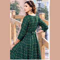 Bottle Green U- Neck Yoke Pattern Long  Reyon Kurti with Allover Golden Prints