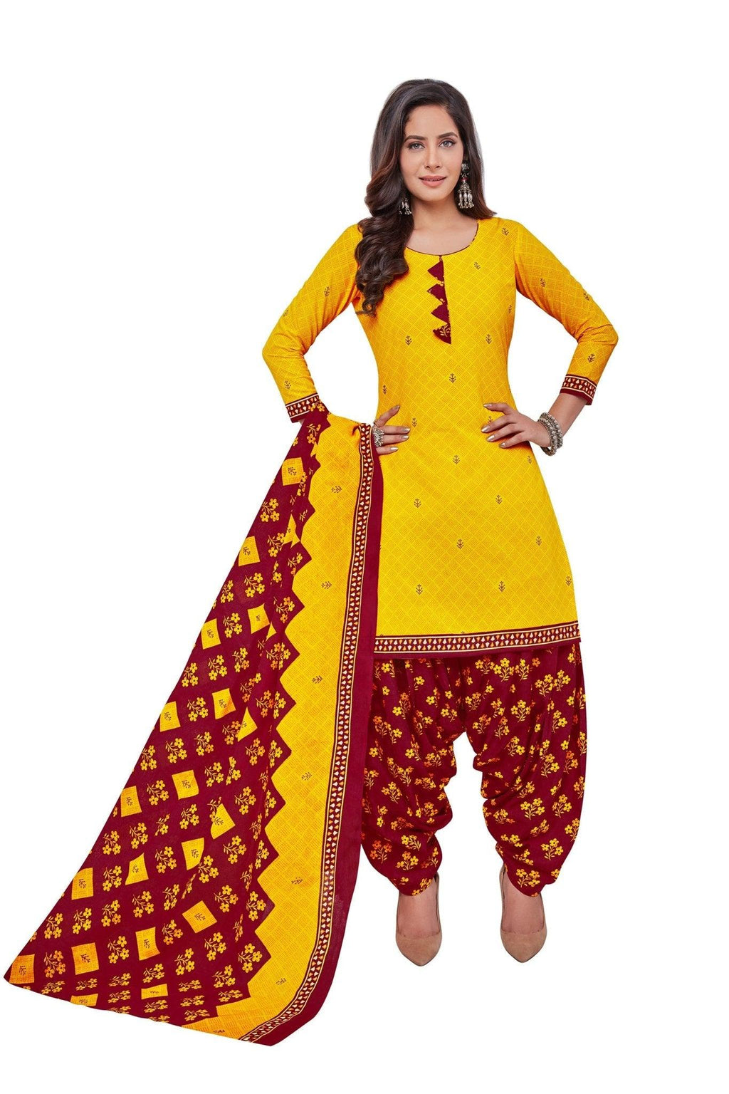 Buy Glamorous Bright Gold Cotton Top with Red Patiala and Dupatta Material at Bavis Clothing