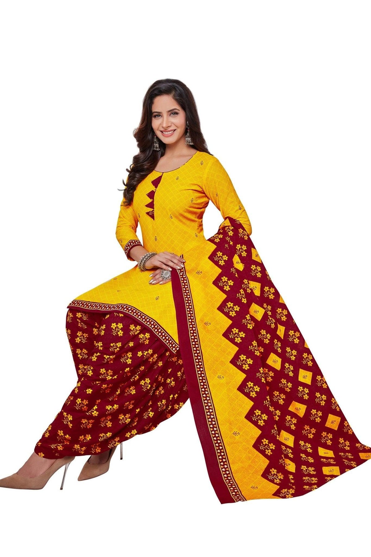 Buy Glamorous Bright Gold Cotton Top with Red Patiala and Dupatta Material at Bavis Clothing Main image