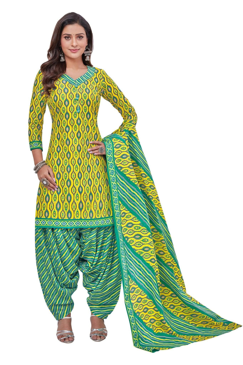 Bright Gold(Yellow) Top with Dark Aquamarine Bottom and Dupatta.Safe to Skin Cotton Patiala Dress Material Sets. - Bavis Clothing